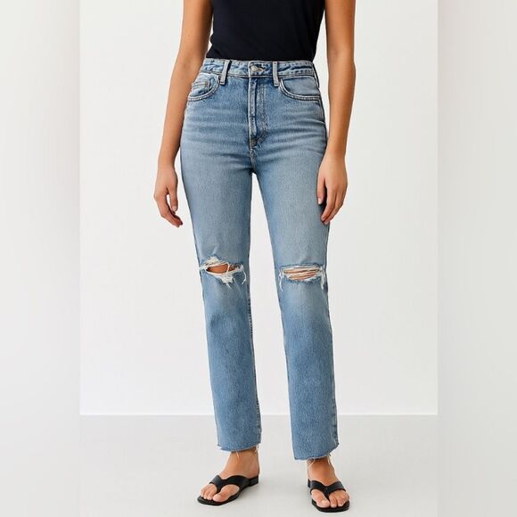 Zara Denim - Zara Jeans Womens Blue Denim Distressed Stretch Raw Hem Small Slits at Hem. US 4